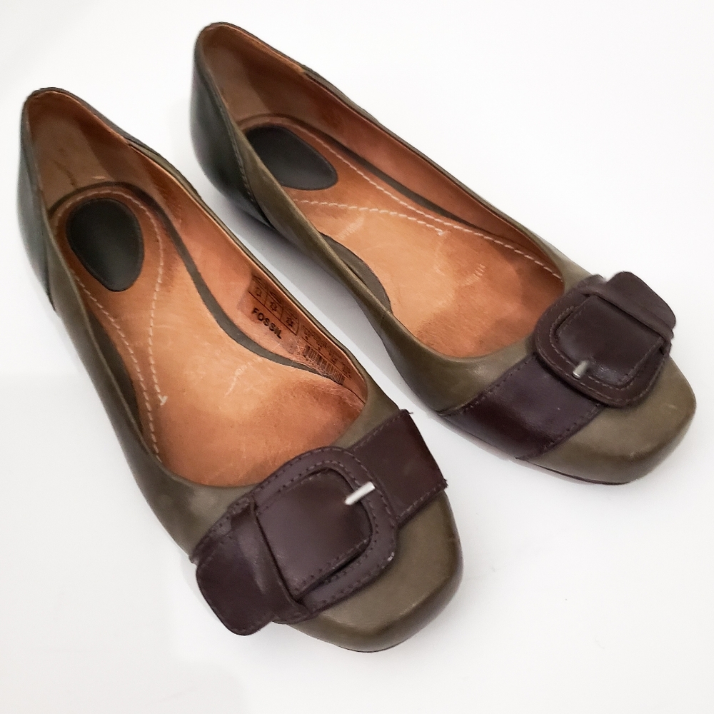 ☆FOSSIL FLATS BALLET GREEN BROWN BUCKLE 6 LEATHER